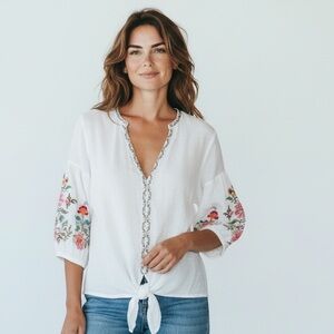 Max Studio blouse size Large. V neck white embroidered sleeves and neckline